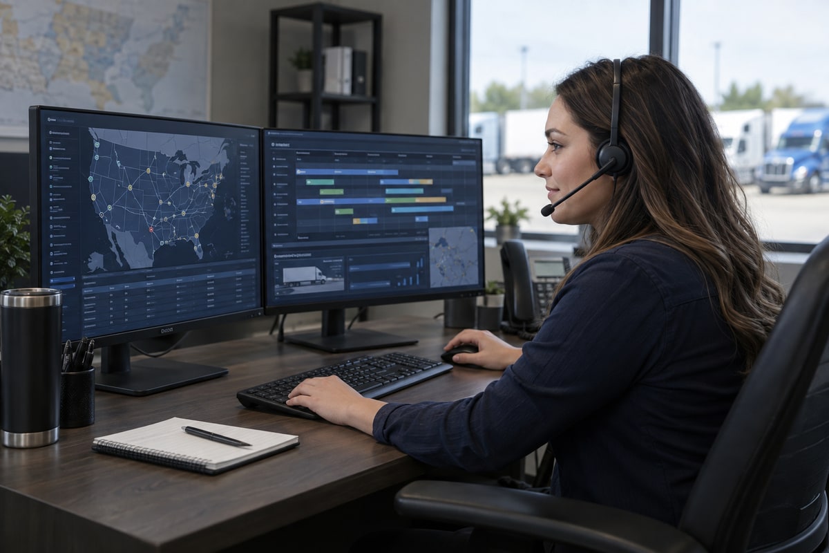 Illustrative image of a professional dispatcher working with a headset and computer monitors
